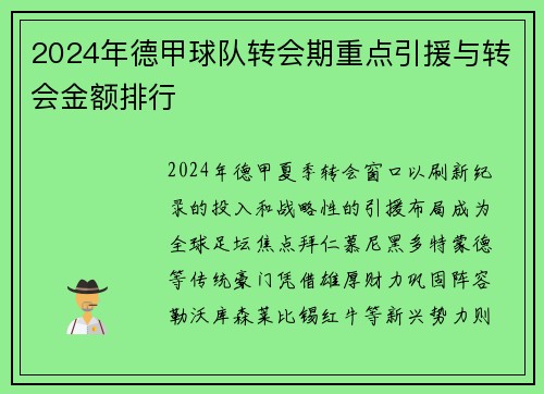 2024年德甲球队转会期重点引援与转会金额排行